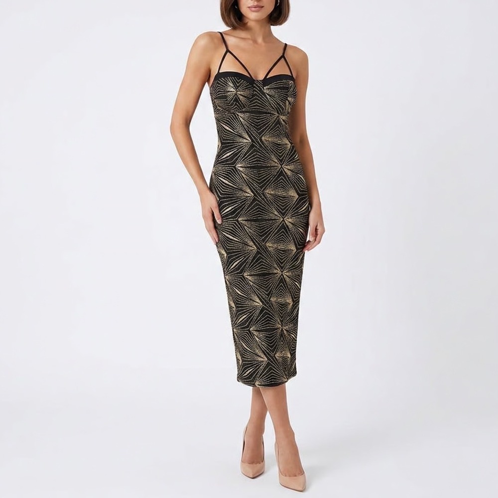 Codigo Black Gold Glitter Sunburst Multi Strap Bodycon Midi Dress Large